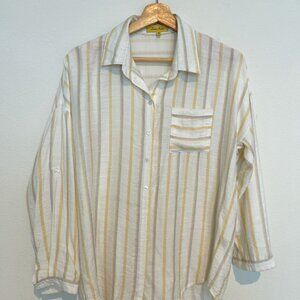 LOVE NOTES BRAND WOMANS COLLAR BUTTON DOWN YELLOW GRAY STRIPED LONG SLEEVE LONG